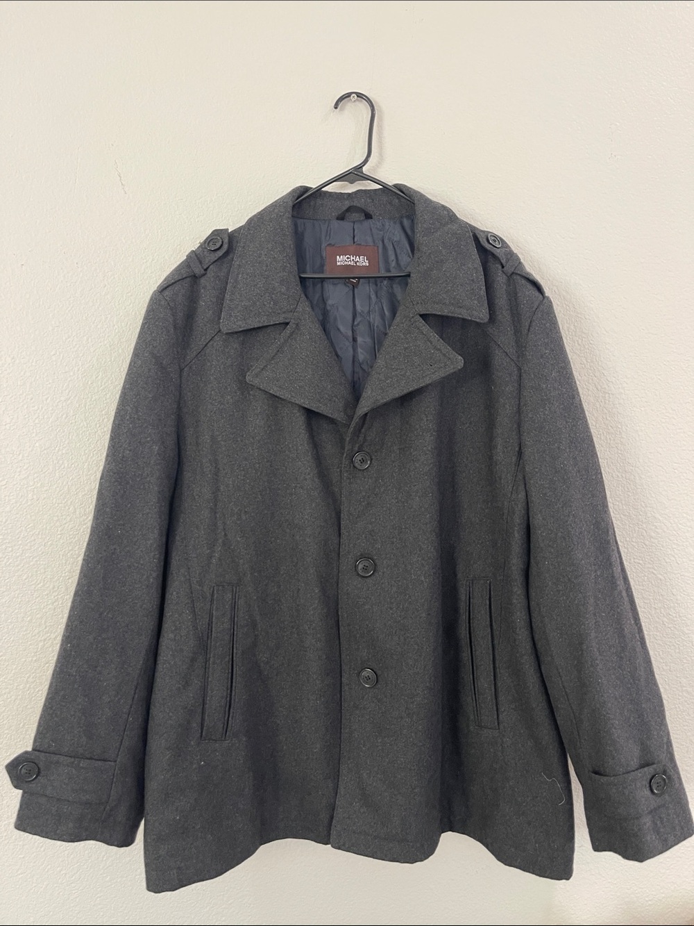 Michael Kors Men’s Charcoal Gray Wool Pea Coat with Epaulets Size XXL 2XL